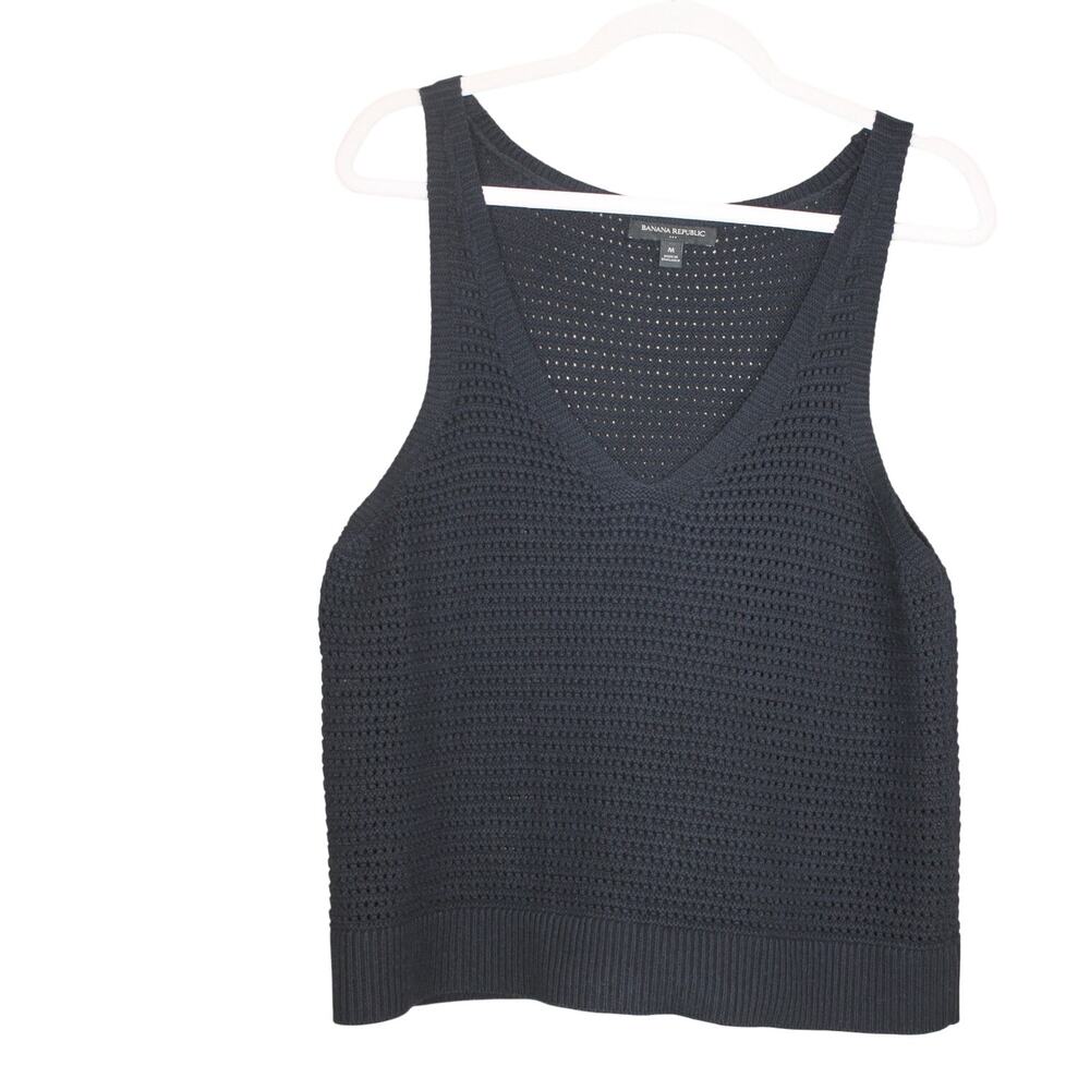 Banana Republic Black V-neck Sleeveless Open Knit Tank Crochet Layer Top Size M